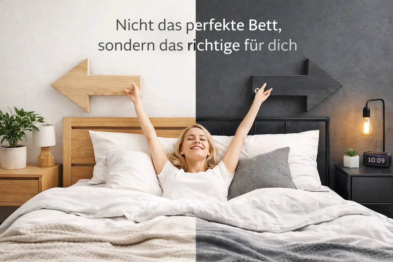 Frau liegt entspannt im Bett zwischen Holz- und Metallbett, Symbol für die Wahl des passenden Bettes nach persönlichem Geschmack statt Perfektion.